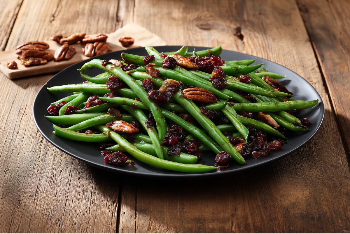 Cranberry pecan green beans with bright green beans, dried cranberries, and toasted pecans served on a black plate over a rustic wood table.