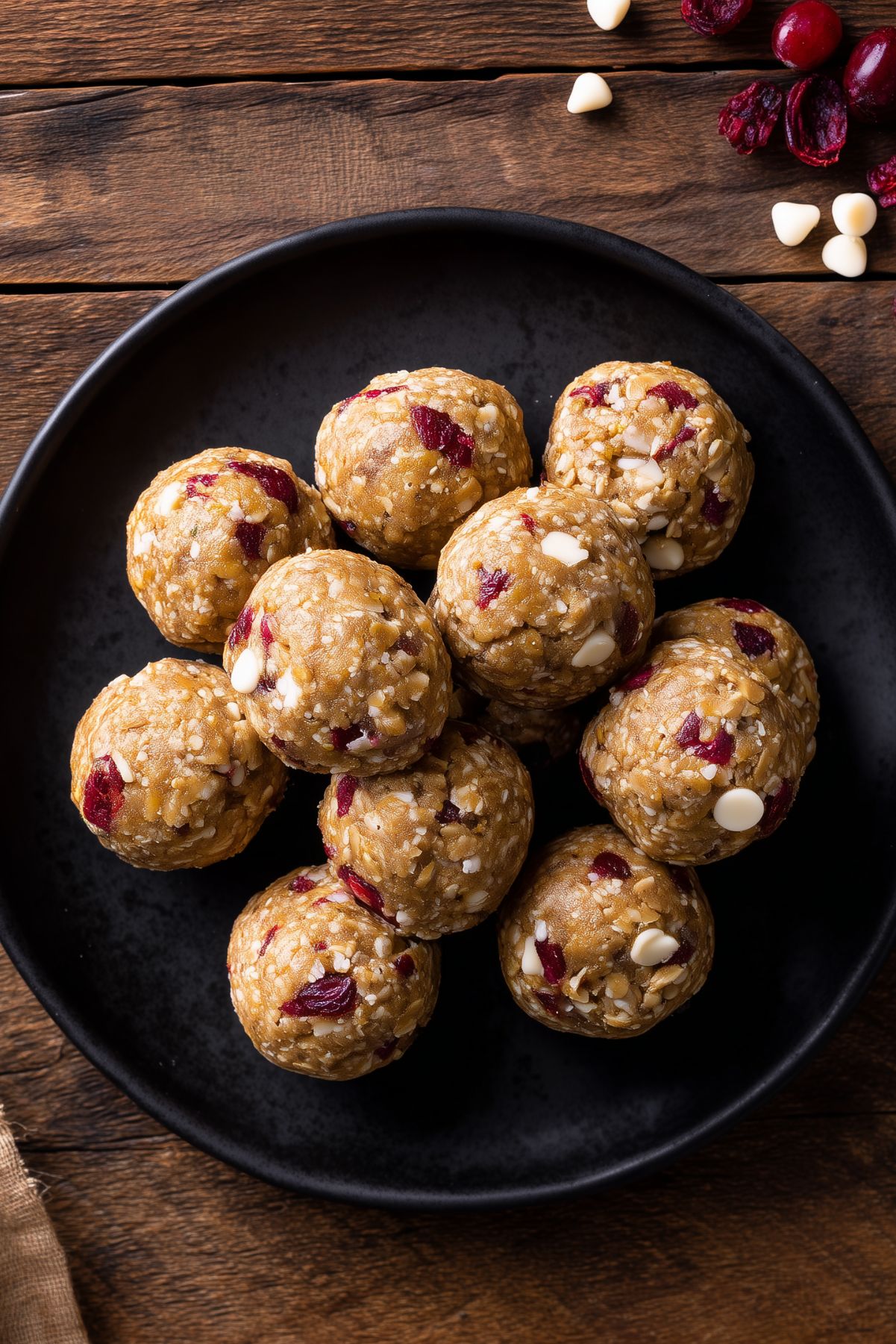 Overhead close-up of Cranberry White Chocolate Protein Balls arranged on a black plate. Golden oat and almond butter protein bites contain red dried cranberries and creamy white chocolate chips, with scattered ingredients on a dark rustic wooden background.