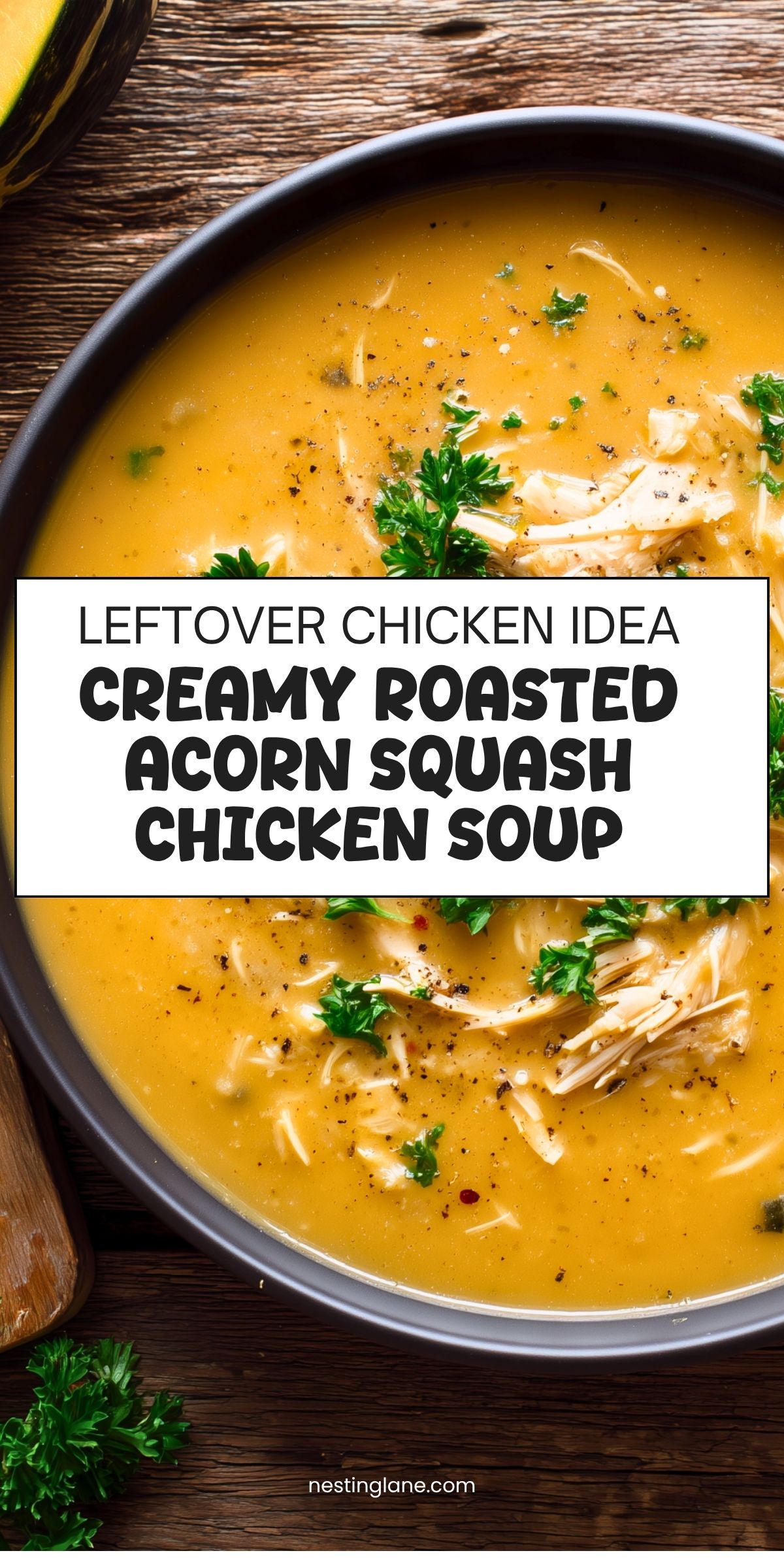 A black bowl of Creamy Roasted Acorn Squash Chicken Soup with shredded chicken, fresh parsley, and black pepper on a rustic wooden table. Text reads "LEFTOVER CHICKEN IDEA CREAMY ROASTED ACORN SQUASH CHICKEN SOUP" and "nestinglane.com."