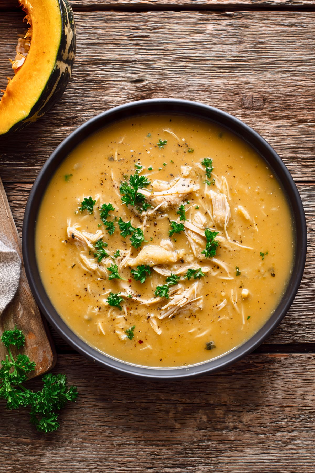 Creamy Roasted Acorn Squash Chicken Soup in a large black bowl, featuring a thick, golden-orange broth filled with shredded chicken and garnished with fresh parsley and black pepper. A wedge of acorn squash and fresh parsley rest nearby on a rustic wooden table.