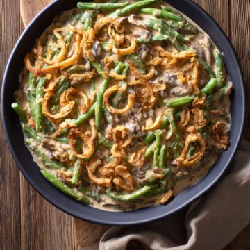 Overhead view of creamy green bean casserole with tender green beans, sliced mushrooms, and crispy golden fried onions in a matte black bowl on a rustic wooden cutting board with a beige napkin.