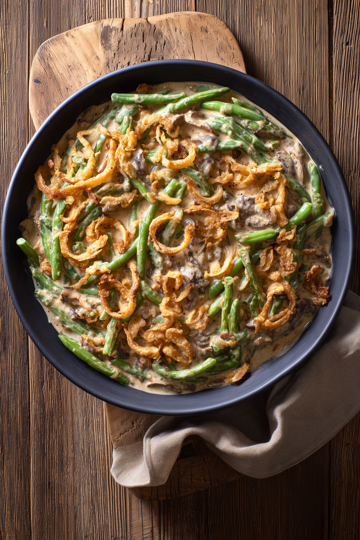 Overhead view of creamy green bean casserole with tender green beans, sliced mushrooms, and crispy golden fried onions in a matte black bowl on a rustic wooden cutting board with a beige napkin.