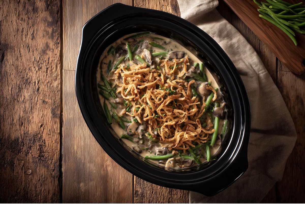 Crockpot green bean casserole in a black slow cooker filled with green beans and mushrooms in creamy sauce, topped with crispy fried onions. The slow cooker rests on a rustic wooden table beside a beige cloth.
