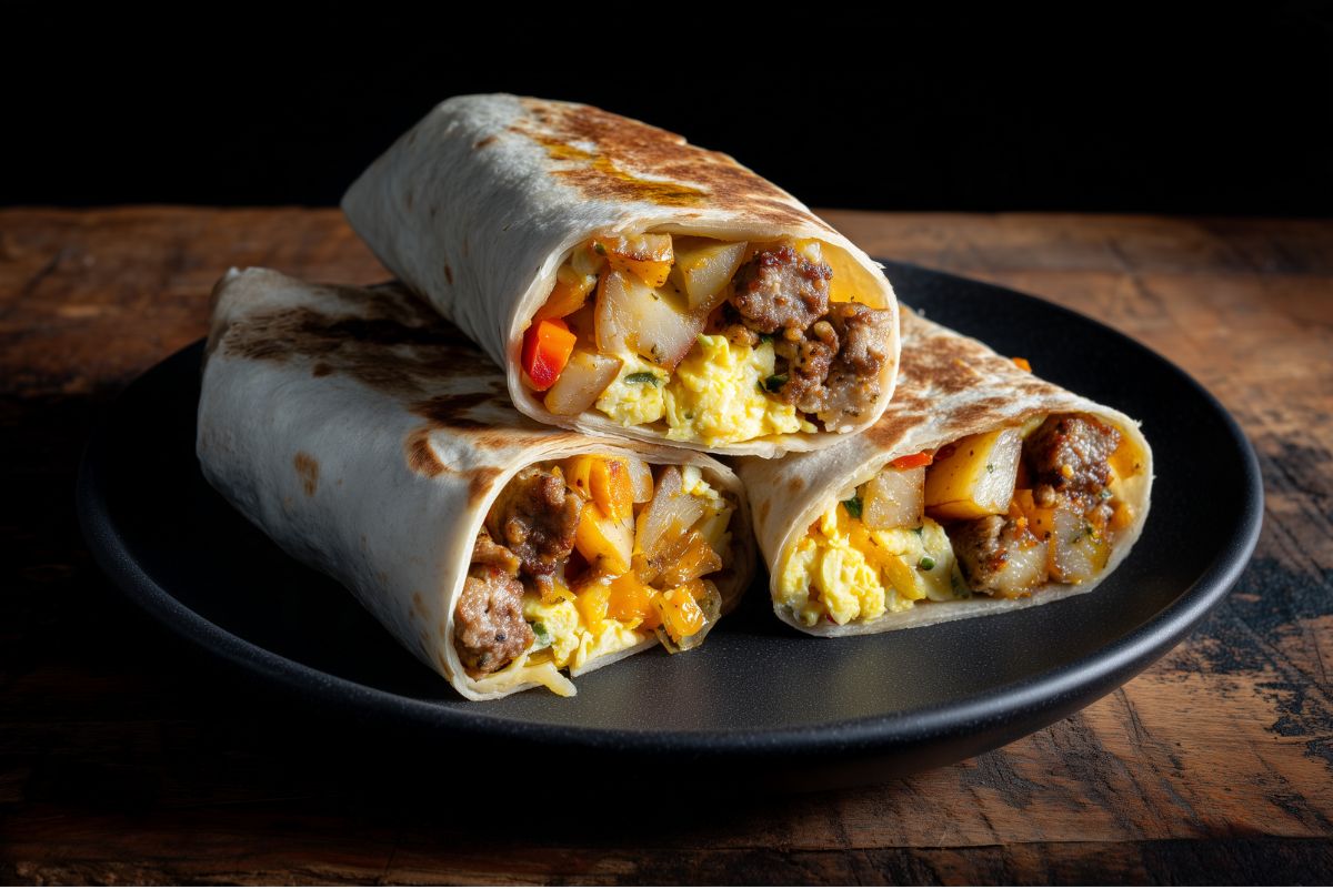 Three toasted diner breakfast burrito halves stacked on a matte black plate over rustic wood. The flour tortillas are filled with scrambled eggs, browned breakfast sausage, diced potatoes, melted cheese, and bell peppers.