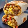 Close-up of two stacked breakfast burrito halves on a matte black plate. Lightly toasted flour tortillas reveal scrambled eggs, sausage crumbles, golden potatoes, melted cheddar cheese, and diced red and green bell peppers.