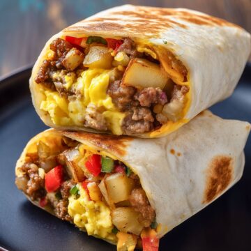 Close-up of two stacked breakfast burrito halves on a matte black plate. Lightly toasted flour tortillas reveal scrambled eggs, sausage crumbles, golden potatoes, melted cheddar cheese, and diced red and green bell peppers.