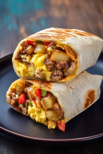 Close-up of two stacked breakfast burrito halves on a matte black plate. Lightly toasted flour tortillas reveal scrambled eggs, sausage crumbles, golden potatoes, melted cheddar cheese, and diced red and green bell peppers.