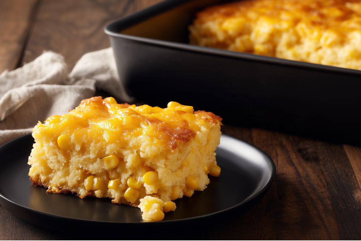 A thick slice of easy creamy corn casserole on a matte black plate, showing whole corn kernels, a soft, moist cornbread texture, and melted cheddar cheese with golden brown edges. A black baking dish sits in the background on a rustic wooden table.