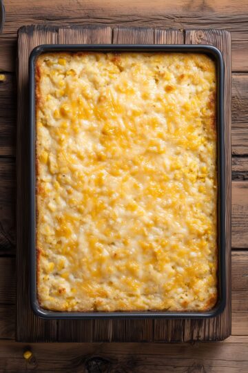 Overhead view of homemade creamy corn casserole baked in a rectangular black baking dish. The golden brown casserole has a creamy texture, visible sweet corn kernels, and melted cheddar cheese across the top, resting on rustic dark wood.