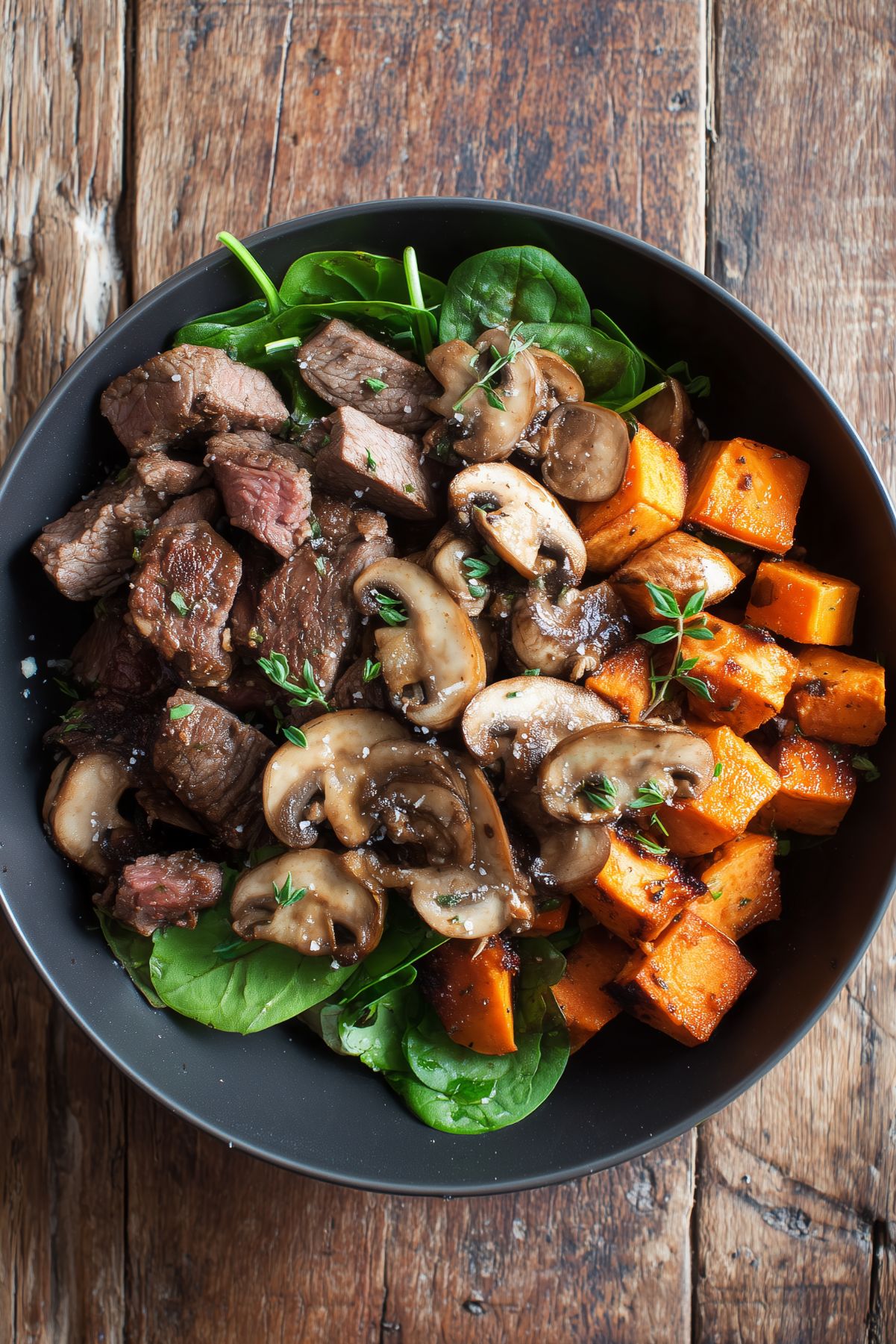 Close-up of a Garlic Mushroom Steak Sweet Potato Bowl filled with juicy browned steak bites, sautéed sliced mushrooms, golden roasted sweet potato cubes, and fresh spinach. Garnished with herbs and served in a matte black bowl on a rustic wooden table.