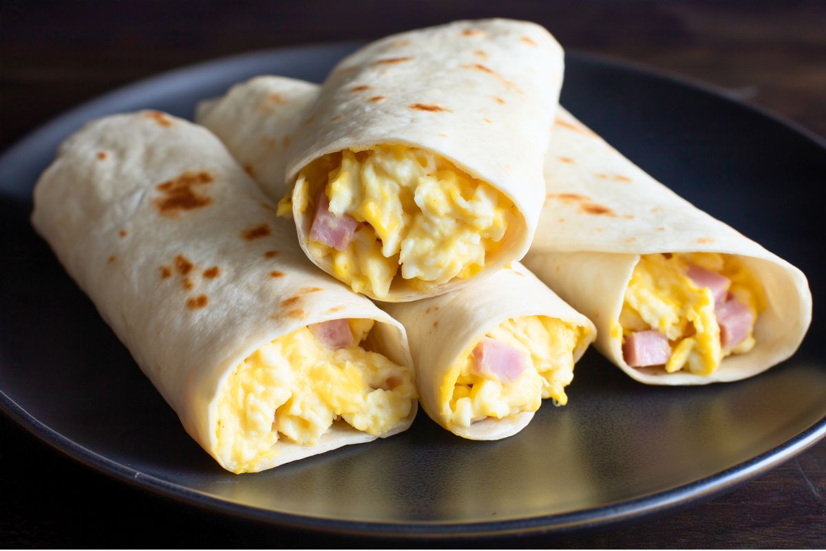 Four ham egg and cheese breakfast burritos stacked on a matte black plate. Lightly browned flour tortillas are filled with fluffy yellow scrambled eggs, diced pink ham, and melted cheddar cheese, with the open ends facing forward.