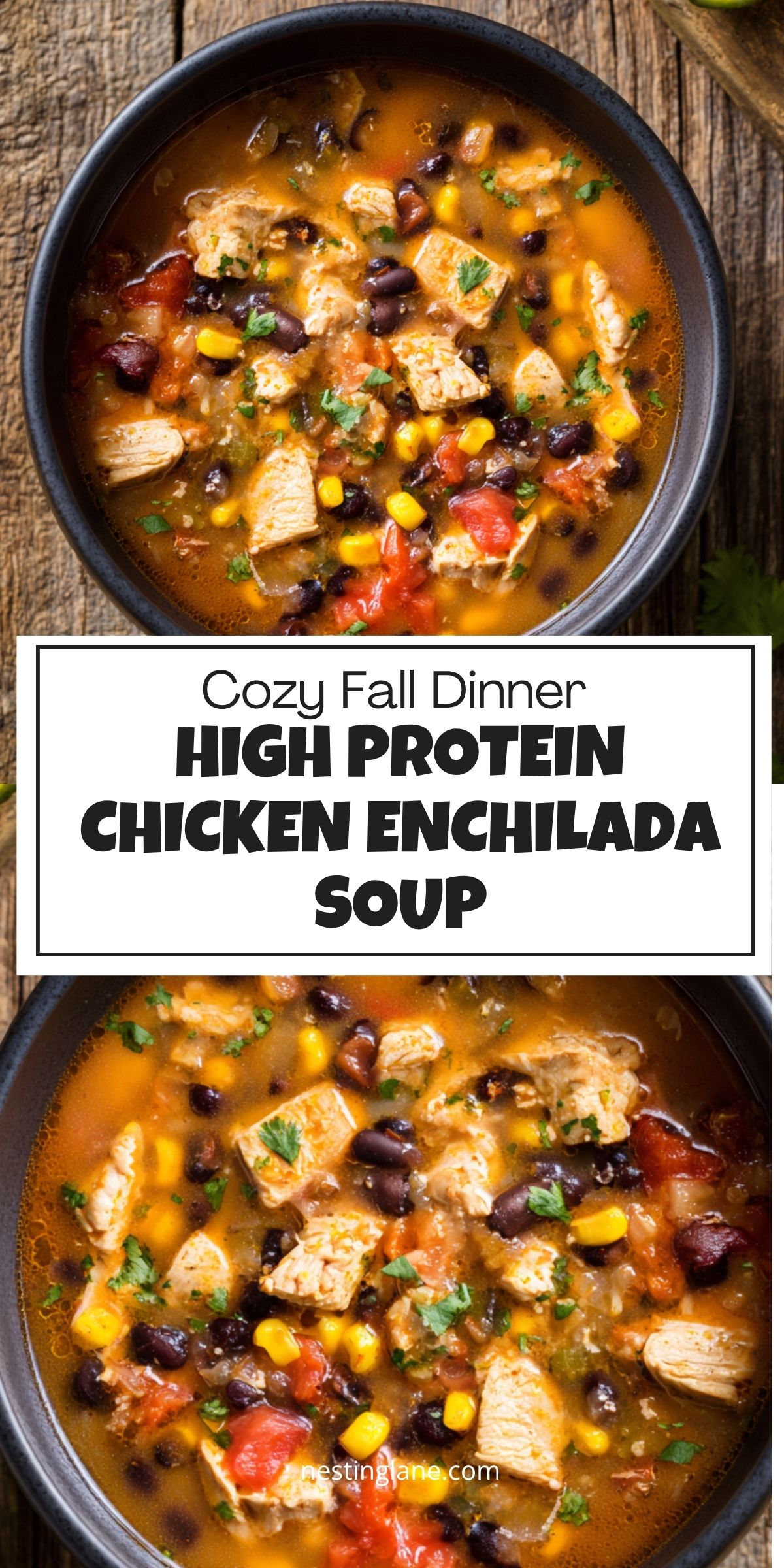 A Pinterest pin showing a black bowl of high protein chicken enchilada soup with chicken, black beans, corn, tomatoes, and cilantro. Text reads "Cozy Fall Dinner HIGH PROTEIN CHICKEN ENCHILADA SOUP" with nestinglane.com at the bottom.