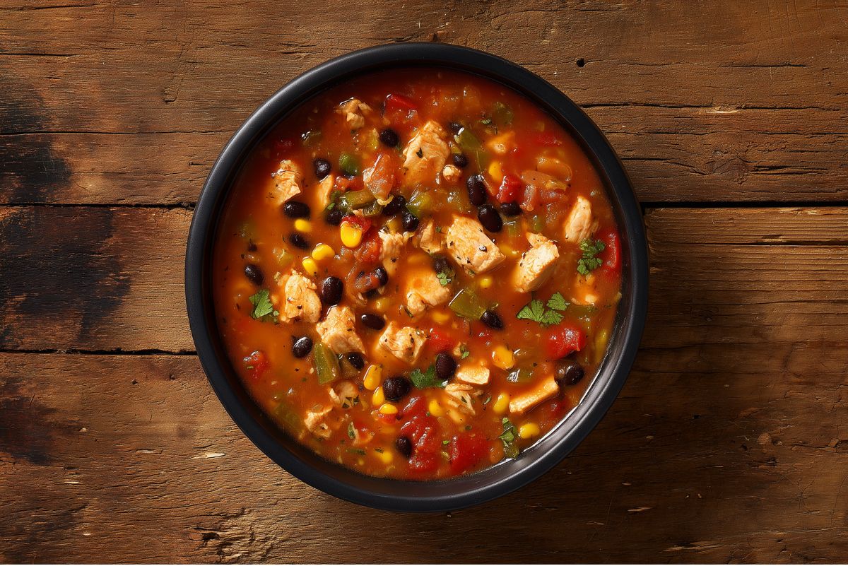 Overhead view of homemade chicken enchilada soup in a matte black bowl on a rustic wooden table. Chunks of chicken, black beans, yellow corn, tomatoes, green peppers, and cilantro fill the rich red-orange broth.