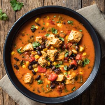 A large black bowl of high protein chicken enchilada soup filled with tender chicken pieces, black beans, sweet corn, diced tomatoes, and green peppers in a seasoned orange-red broth. Fresh cilantro is sprinkled on top, with a beige napkin underneath on a rustic wooden table.