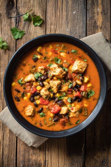 A large black bowl of high protein chicken enchilada soup filled with tender chicken pieces, black beans, sweet corn, diced tomatoes, and green peppers in a seasoned orange-red broth. Fresh cilantro is sprinkled on top, with a beige napkin underneath on a rustic wooden table.