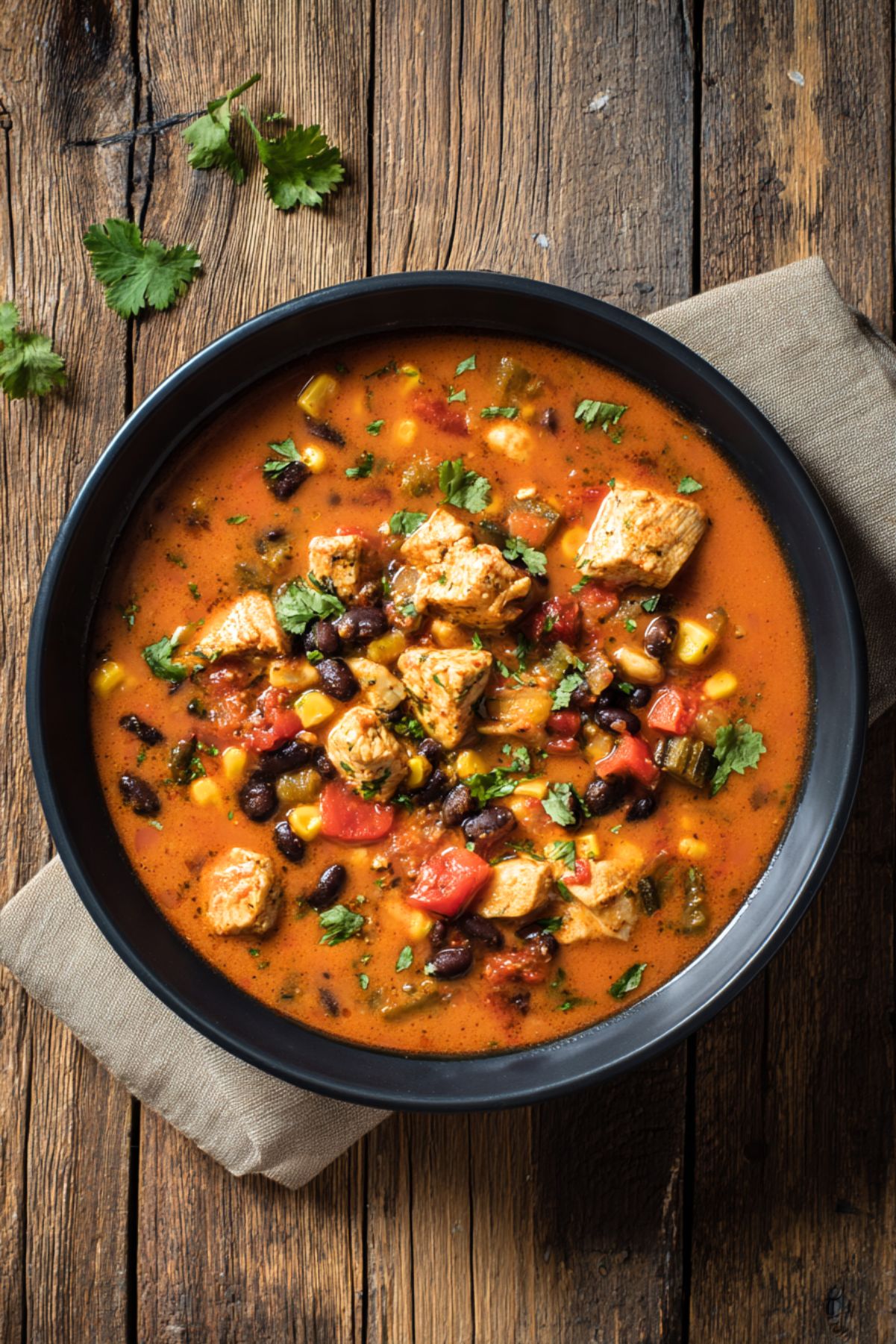 A large black bowl of high protein chicken enchilada soup filled with tender chicken pieces, black beans, sweet corn, diced tomatoes, and green peppers in a seasoned orange-red broth. Fresh cilantro is sprinkled on top, with a beige napkin underneath on a rustic wooden table.