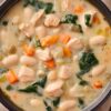 Close-up of High Protein Creamy Garlic Chicken Soup in a black bowl resting on a beige napkin over rustic wood. Tender chicken pieces, cannellini beans, orange carrots, leafy spinach, and diced vegetables fill the rich, creamy garlic broth.