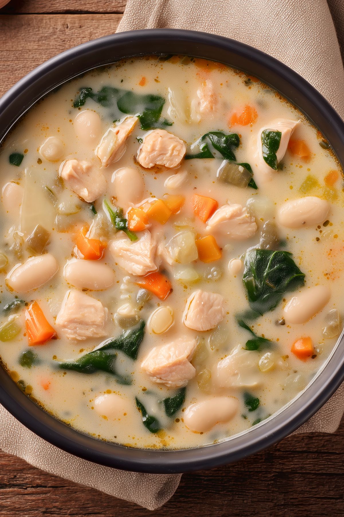 Close-up of High Protein Creamy Garlic Chicken Soup in a black bowl resting on a beige napkin over rustic wood. Tender chicken pieces, cannellini beans, orange carrots, leafy spinach, and diced vegetables fill the rich, creamy garlic broth.