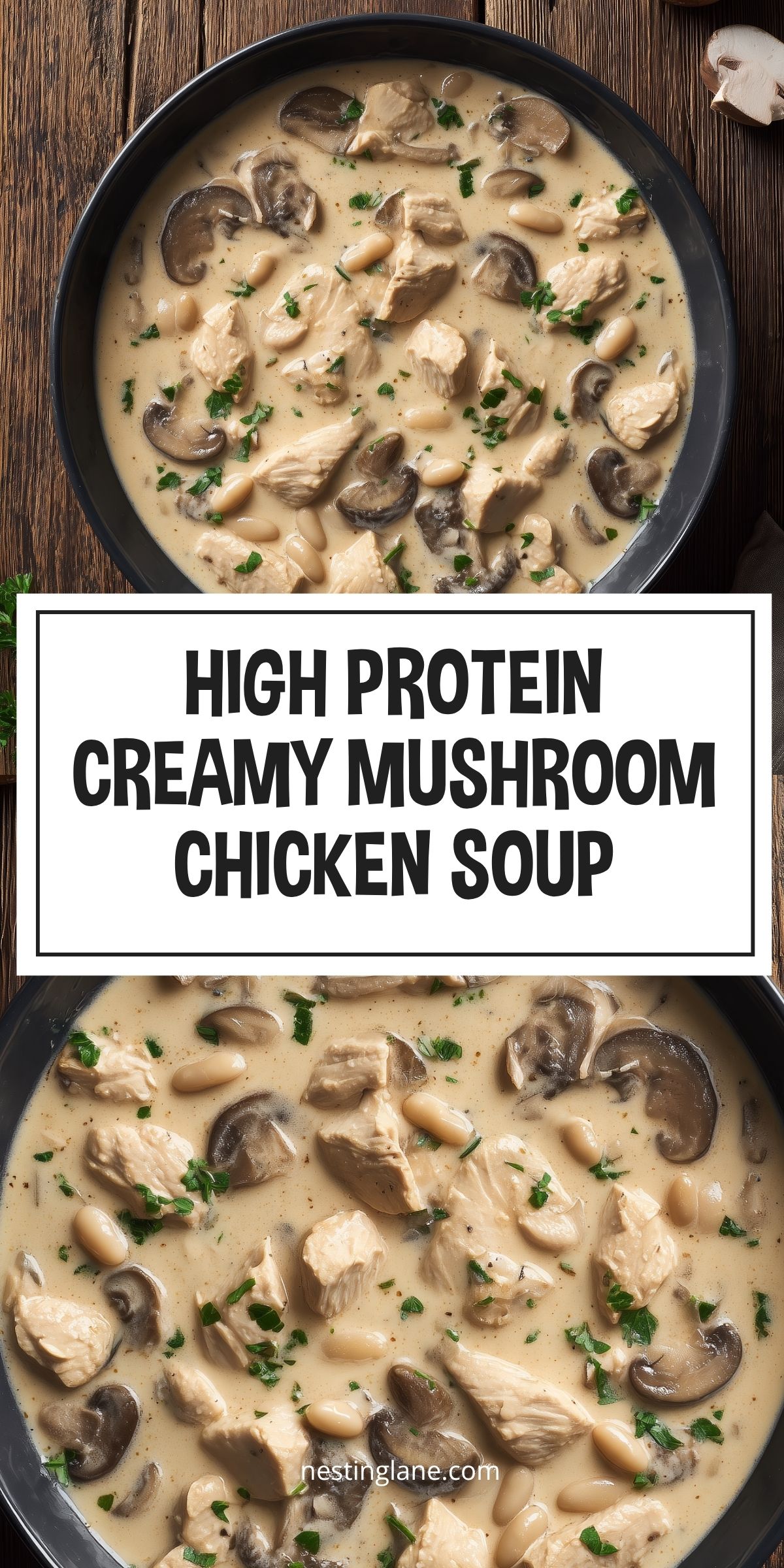 Creamy mushroom chicken soup with tender chicken, sliced mushrooms, white beans, and parsley in a black bowl. Bold black text on a white banner reads "HIGH PROTEIN CREAMY MUSHROOM CHICKEN SOUP," with "nestinglane.com" at the bottom.
