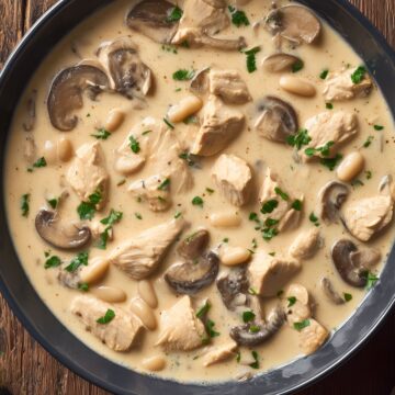 Overhead view of high protein creamy mushroom chicken soup in a matte black bowl. Tender chicken pieces, sliced mushrooms, white beans, and chopped parsley fill a rich, creamy broth on a rustic wooden table.