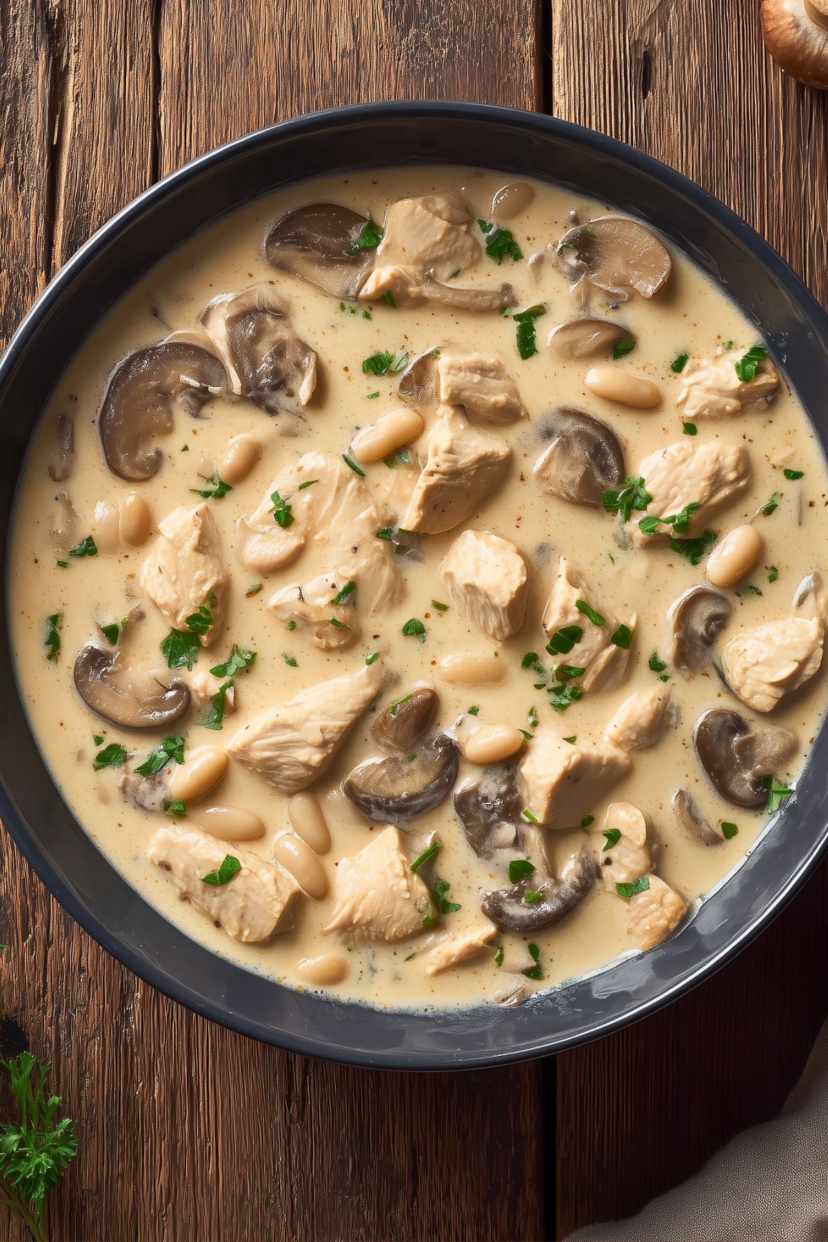 Overhead view of high protein creamy mushroom chicken soup in a matte black bowl. Tender chicken pieces, sliced mushrooms, white beans, and chopped parsley fill a rich, creamy broth on a rustic wooden table.