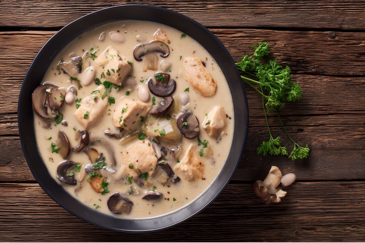 A black bowl filled with creamy mushroom chicken soup, with chunks of chicken breast, sliced brown mushrooms, white beans, and fresh parsley in a thick, creamy broth. Served on a dark rustic wooden table with parsley and mushrooms nearby.