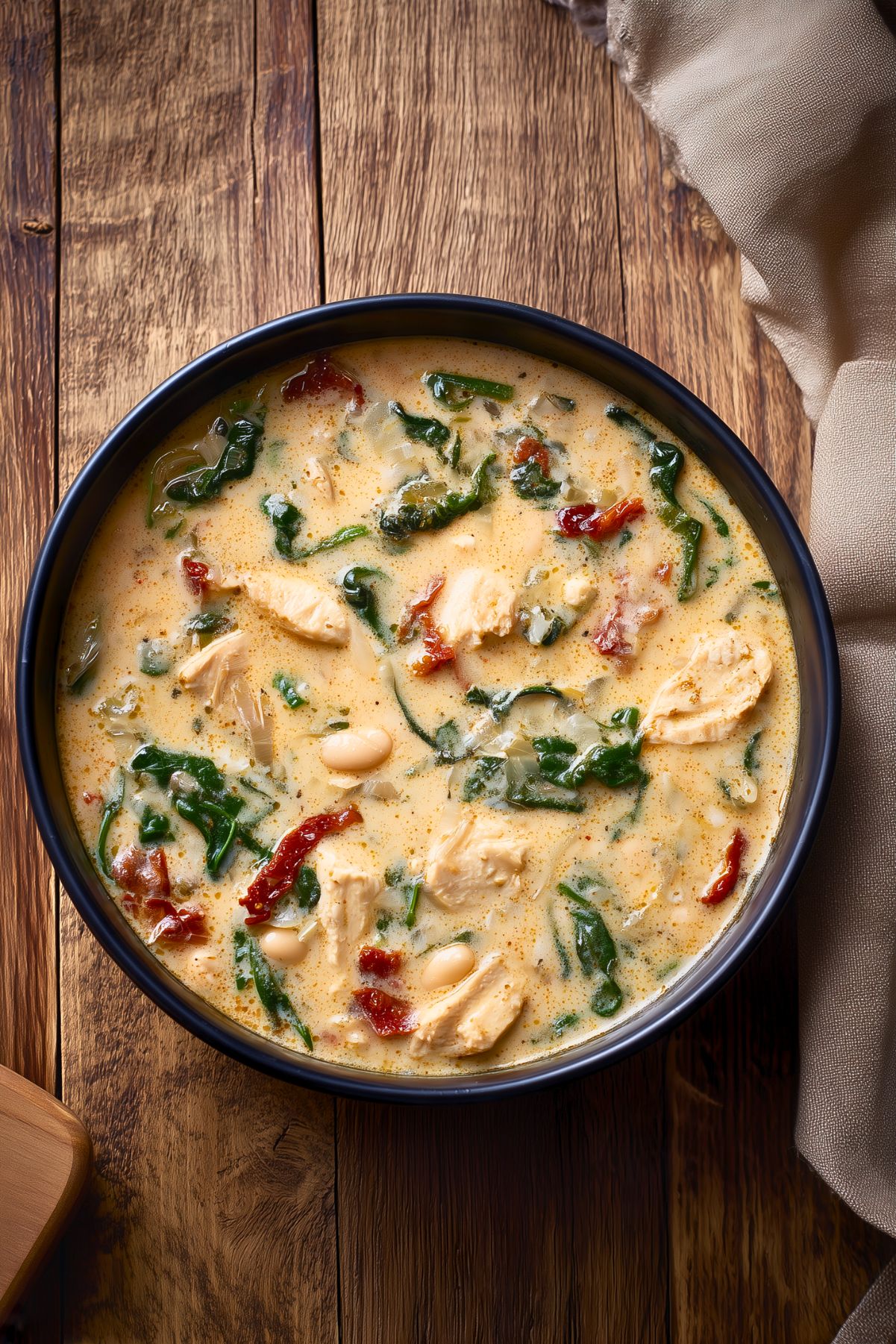 Overhead view of creamy Tuscan chicken soup in a black ceramic bowl on a rustic wooden table. Golden cream broth surrounds chunks of chicken, white beans, fresh spinach, and red sun-dried tomatoes. Beige linen napkin beside the bowl.