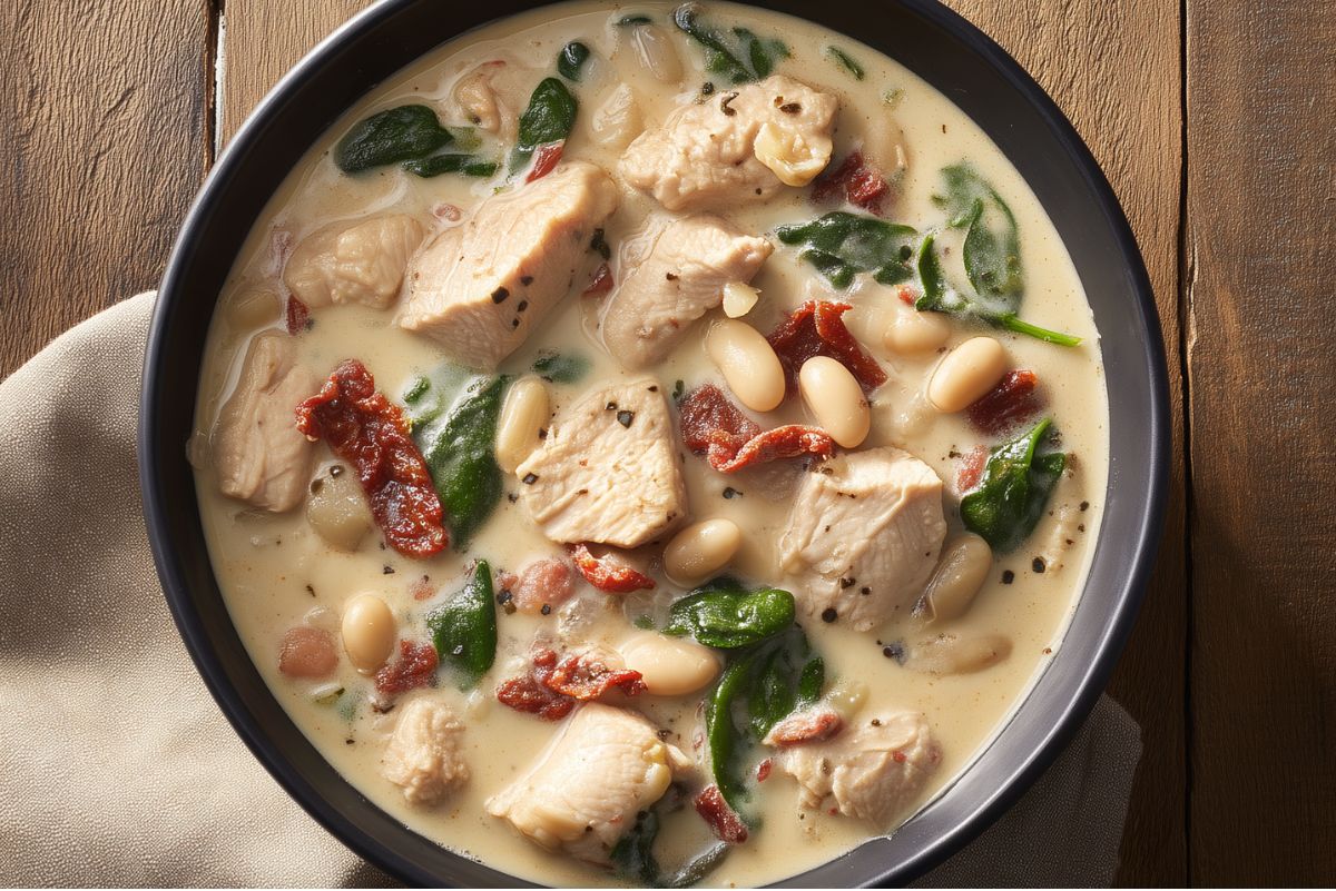 Close overhead view of high protein creamy Tuscan chicken soup in a matte black bowl. Tender chicken pieces, white beans, wilted spinach, and sun-dried tomatoes fill the creamy broth. Rustic wooden table with a beige napkin.