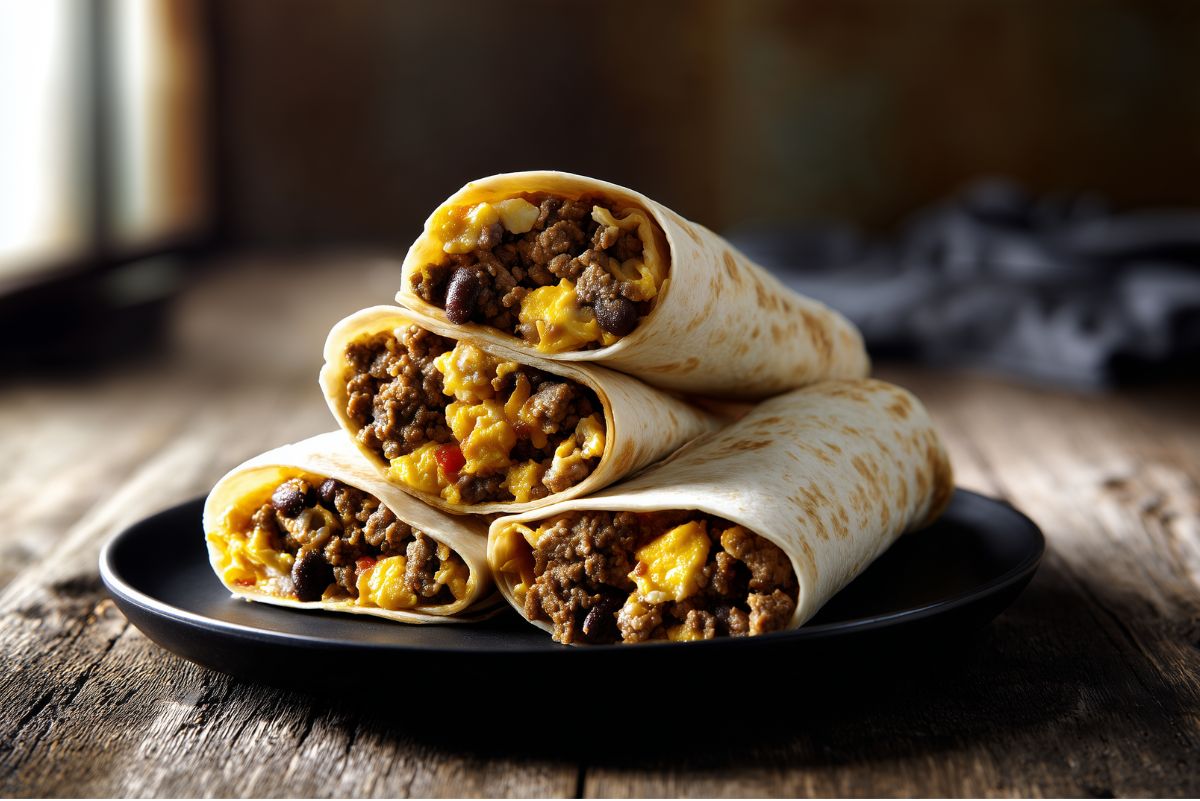 Four High Protein Taco Breakfast Burrito halves stacked on a matte black plate over rustic wooden planks. Flour tortillas are filled with seasoned ground turkey, fluffy scrambled eggs, melted cheese, and black beans.