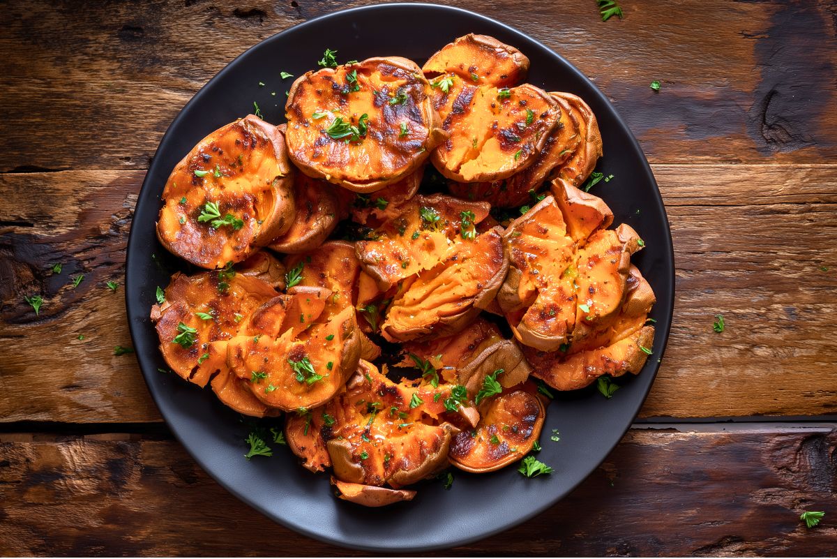 Overhead view of honey butter smashed sweet potatoes piled on a matte black plate. The roasted sweet potato rounds have crispy browned edges, tender orange centers, a shiny honey butter glaze, and chopped parsley garnish. Rustic dark wood background.