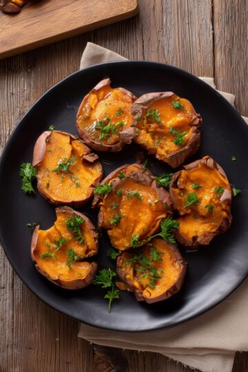 Close-up overhead view of seven honey butter smashed sweet potatoes on a matte black plate. The tender orange sweet potatoes have slightly browned edges, glossy honey butter glaze, and fresh parsley garnish. Rustic wooden table with a beige napkin underneath.