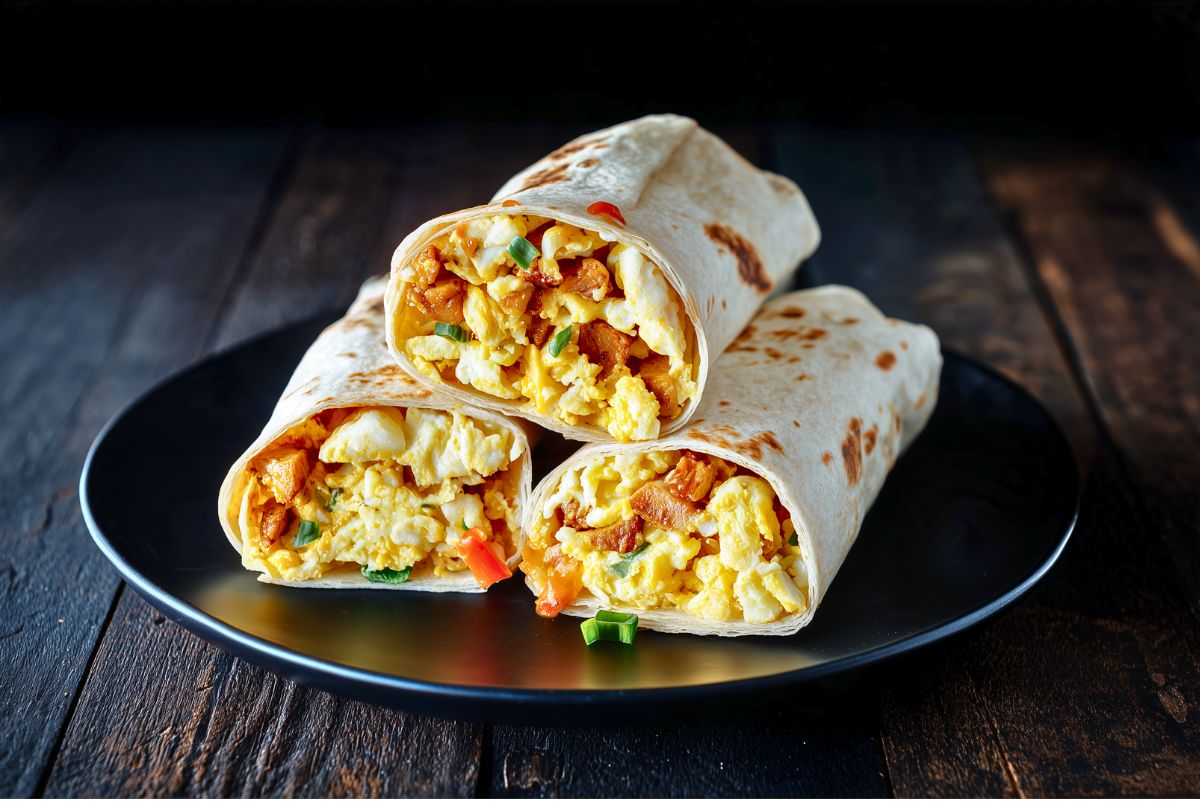 Three hot honey chicken breakfast burritos stacked on a black plate over a dark rustic wooden table. Lightly toasted flour tortillas reveal fluffy scrambled eggs, golden chicken pieces, melted cheese, red bell peppers, and green onions.