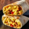 Close-up of two hot honey chicken breakfast burritos stacked on a black plate. Golden toasted flour tortillas are stuffed with fluffy scrambled eggs, seasoned chicken, melted cheddar cheese, diced red bell peppers, and green onions against a rustic wooden background.