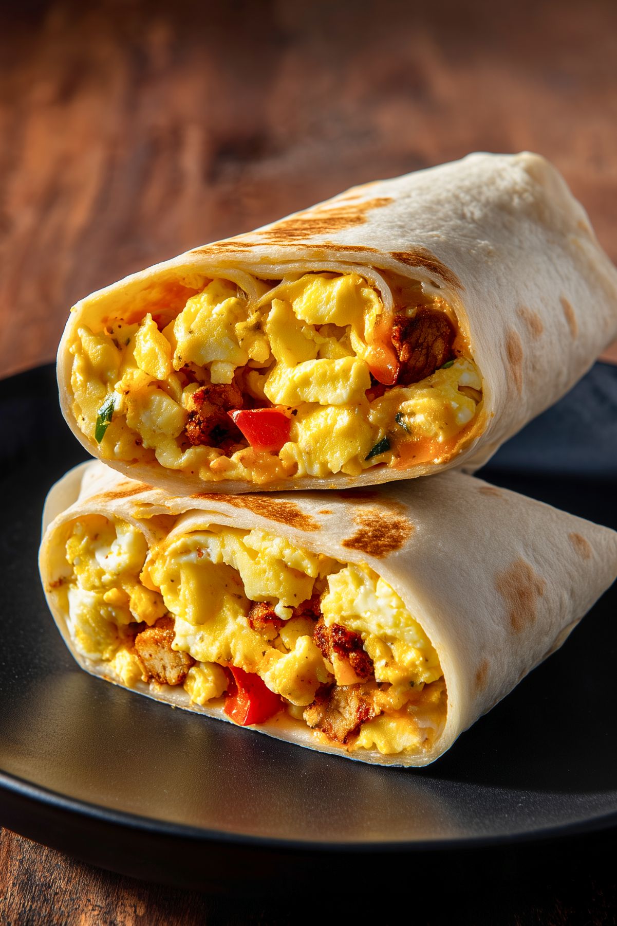 Close-up of two hot honey chicken breakfast burritos stacked on a black plate. Golden toasted flour tortillas are stuffed with fluffy scrambled eggs, seasoned chicken, melted cheddar cheese, diced red bell peppers, and green onions against a rustic wooden background.