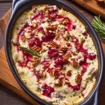 Hot Turkey Cranberry Brie Dip baked in a black oval dish with creamy melted cheese, swirls of cranberry sauce, chopped turkey, toasted pecans, and fresh rosemary. Sliced toasted baguette bread sits nearby on a wooden cutting board.