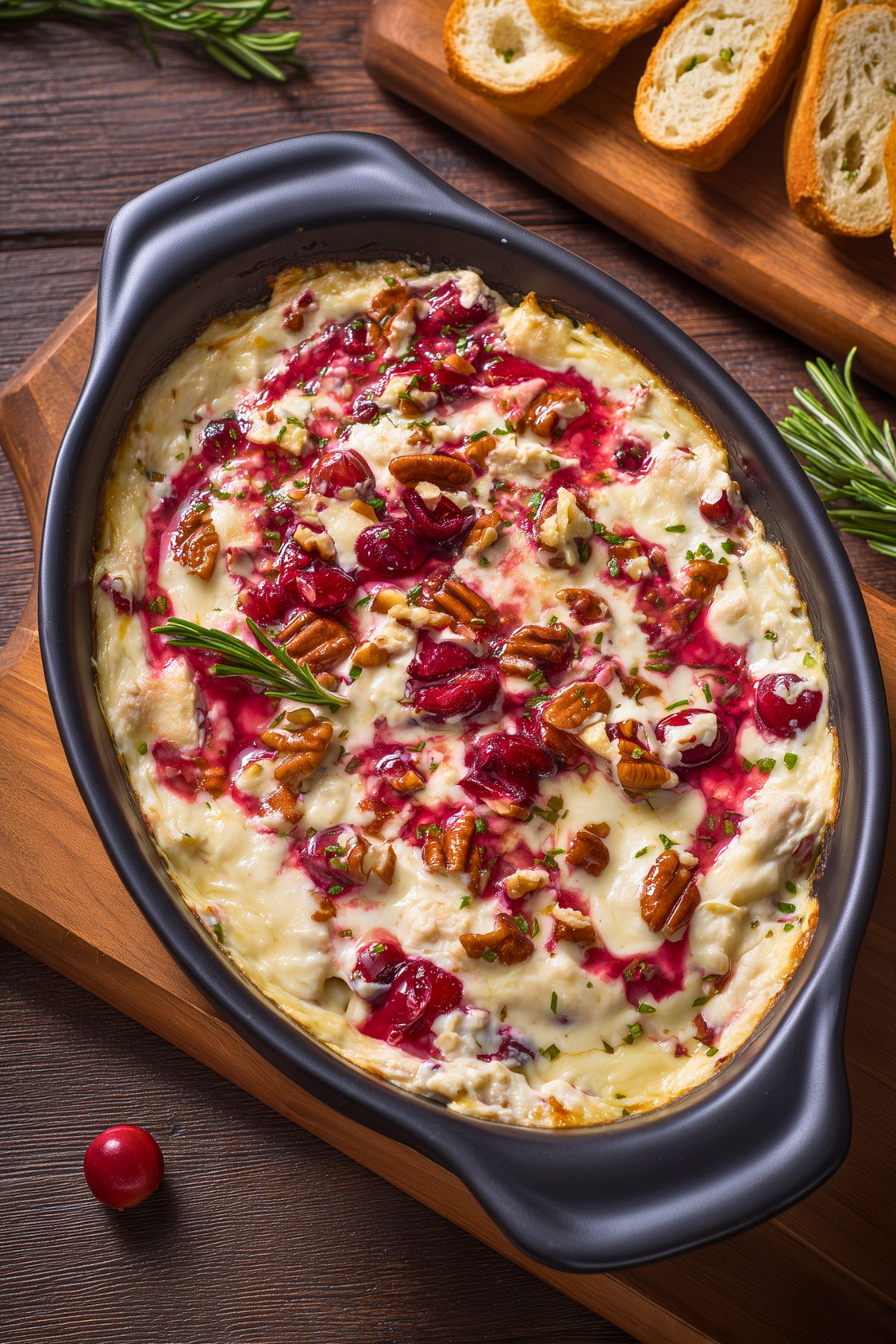 Hot Turkey Cranberry Brie Dip baked in a black oval dish with creamy melted cheese, swirls of cranberry sauce, chopped turkey, toasted pecans, and fresh rosemary. Sliced toasted baguette bread sits nearby on a wooden cutting board.