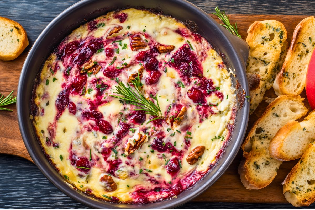 Overhead view of Hot Turkey Cranberry Brie Dip in a round black baking dish. Creamy melted cheese is swirled with red cranberry sauce and topped with pecans, herbs, and fresh rosemary. Toasted garlic baguette slices are arranged alongside for dipping.