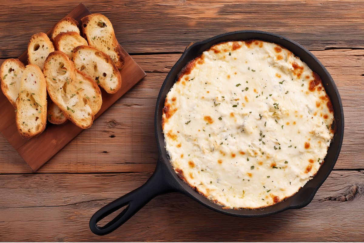 Hot white pizza dip baked in a black cast iron skillet with a creamy, melted cheese topping, lightly browned edges, and sprinkled herbs. Toasted baguette slices are arranged on a wooden serving board beside the skillet on a rustic wood table.