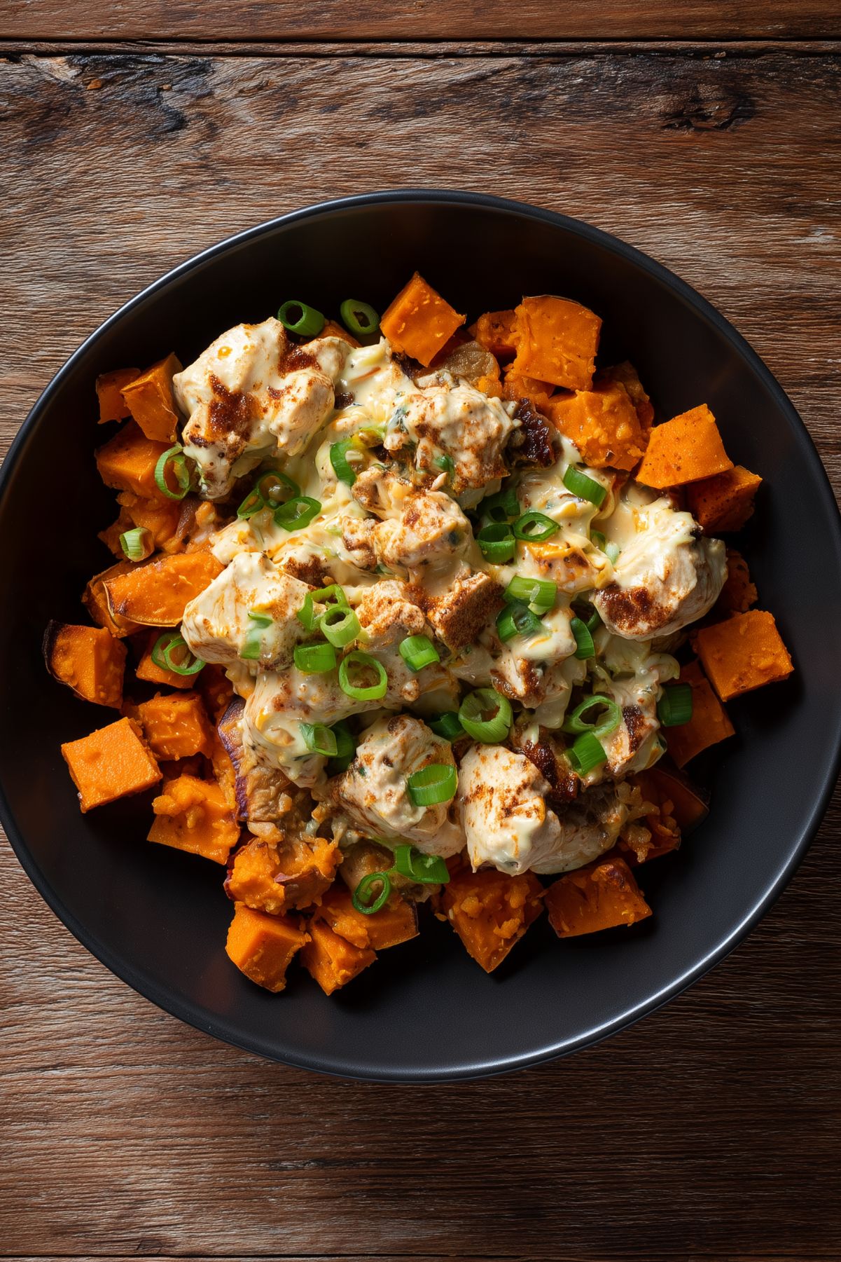 Overhead view of a Jalapeno Popper Chicken Sweet Potato Bowl with roasted sweet potato cubes, creamy seasoned chicken, melted cheese and sliced green onions in a black bowl.