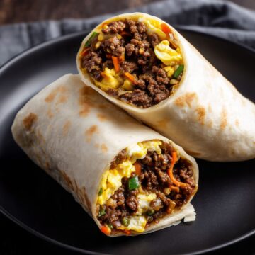Close-up of two Korean beef breakfast burrito halves stacked on a matte black plate. Lightly toasted flour tortillas are filled with savory ground beef, fluffy scrambled eggs, shredded carrots, melted cheese, and green onions on a dark rustic wooden table.