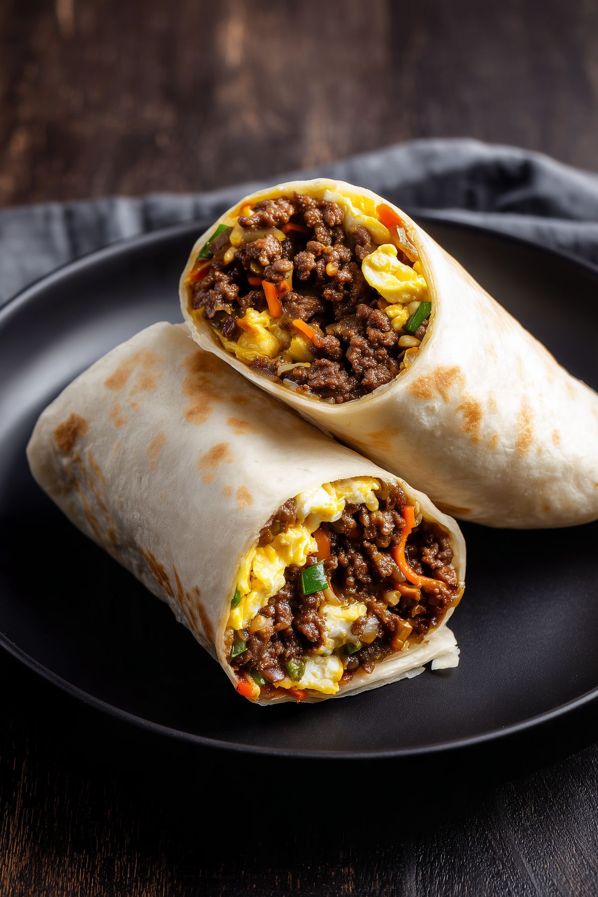 Close-up of two Korean beef breakfast burrito halves stacked on a matte black plate. Lightly toasted flour tortillas are filled with savory ground beef, fluffy scrambled eggs, shredded carrots, melted cheese, and green onions on a dark rustic wooden table.