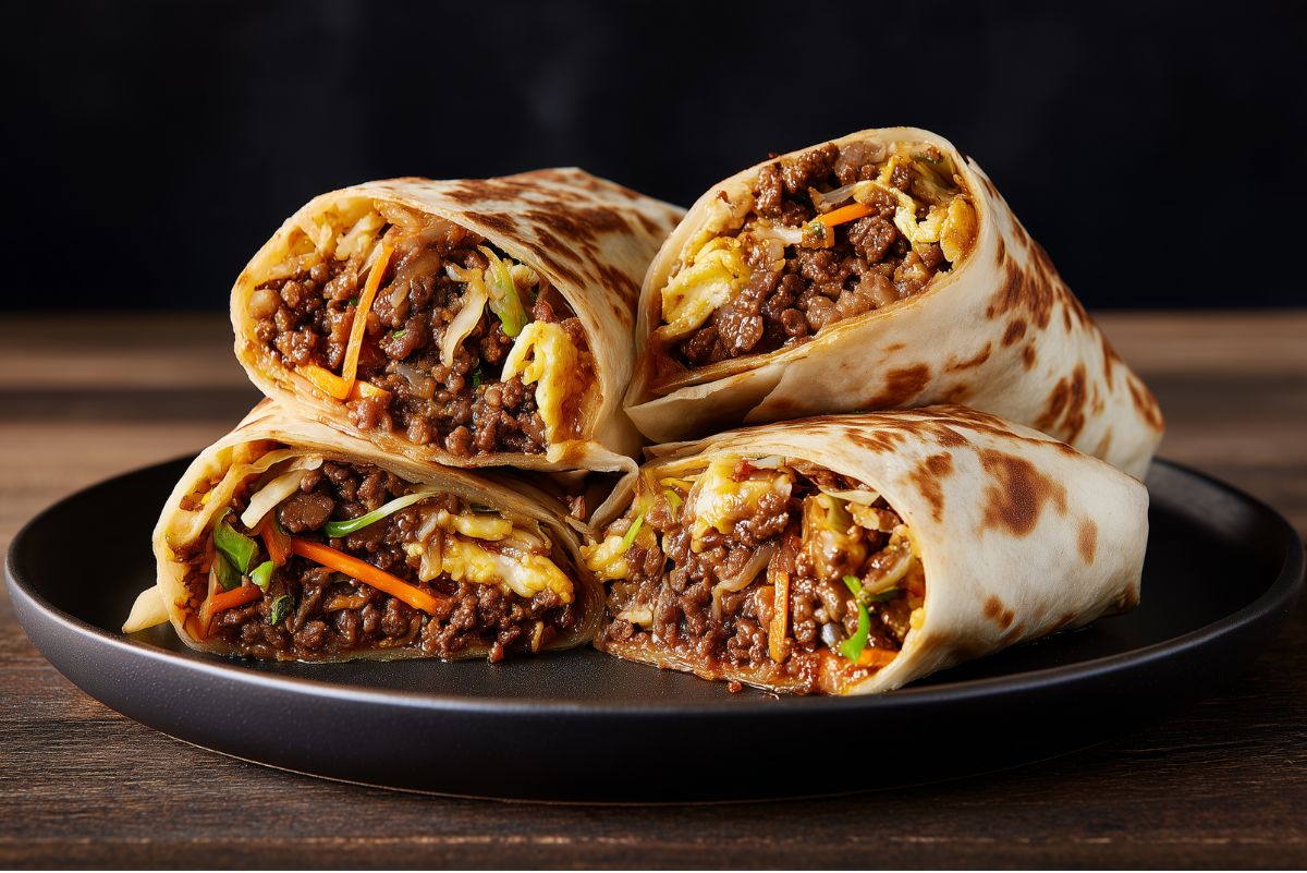 Four Korean beef breakfast burrito halves stacked on a matte black plate over a rustic wooden table. Toasted flour tortillas reveal generous fillings of seasoned ground beef, scrambled eggs, shredded carrots, melted cheese, and green onions.