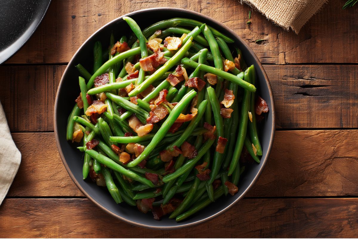 Overhead view of maple bacon green beans in a round matte black bowl. Bright green beans are tossed with crispy chopped bacon and a glossy maple glaze, served on a rustic wooden table.