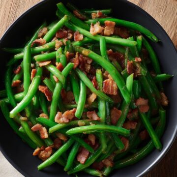 Close-up overhead view of maple bacon green beans with golden brown bacon pieces and a light maple glaze. Served on a matte black round plate over a rustic wooden table with a folded beige napkin.