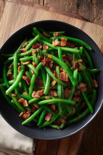 Close-up overhead view of maple bacon green beans with golden brown bacon pieces and a light maple glaze. Served on a matte black round plate over a rustic wooden table with a folded beige napkin.