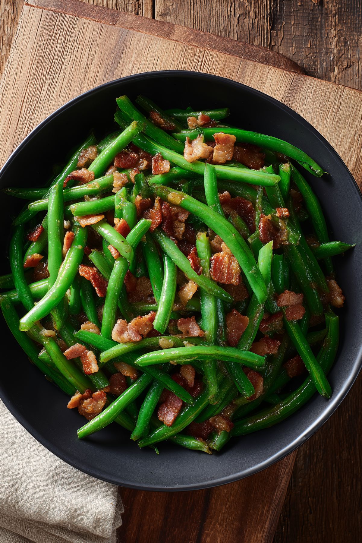 Close-up overhead view of maple bacon green beans with golden brown bacon pieces and a light maple glaze. Served on a matte black round plate over a rustic wooden table with a folded beige napkin.