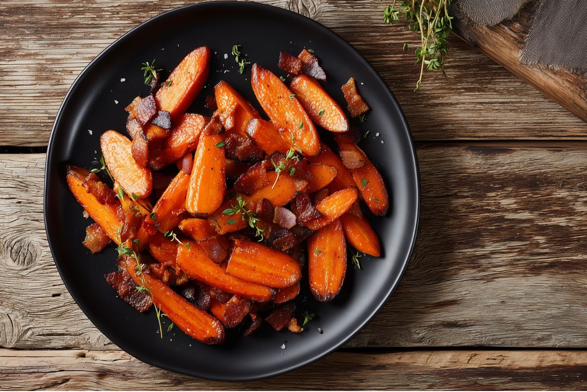 Overhead view of maple bacon roasted carrots with caramelized edges, crispy bacon pieces, and fresh thyme scattered over the top. Served on a round matte black plate against a rustic wooden table.