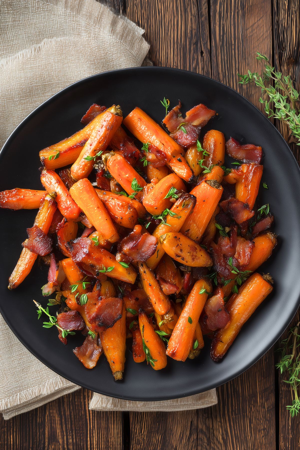 Overhead view of maple bacon roasted carrots glazed with maple syrup, mixed with crispy bacon pieces, and garnished with fresh thyme. Served on a matte black plate over dark rustic wood with a beige linen napkin.