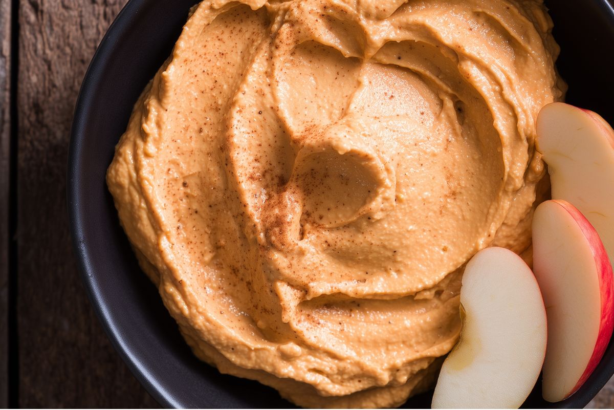 Close-up of creamy Maple Pumpkin Yogurt Dip in a matte black bowl. The thick, orange pumpkin dip has swirls and a light dusting of cinnamon, with three red apple slices along the edge.