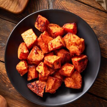 Overhead view of maple roasted sweet potatoes with golden orange centers, caramelized edges, and a glossy maple glaze. Served on a matte black plate over a rustic wooden table.
